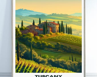 May include: Framed art print of a Tuscan landscape. The image features a villa with a red-tiled roof, surrounded by cypress trees and vineyards. The text "TUSCANY ITALY" is printed at the bottom, along with coordinates.