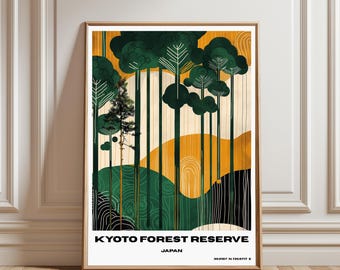 Affiche vintage de la réserve forestière de Kyoto – Paysage japonais, décoration murale nature Japandi pour salon ou bureau
