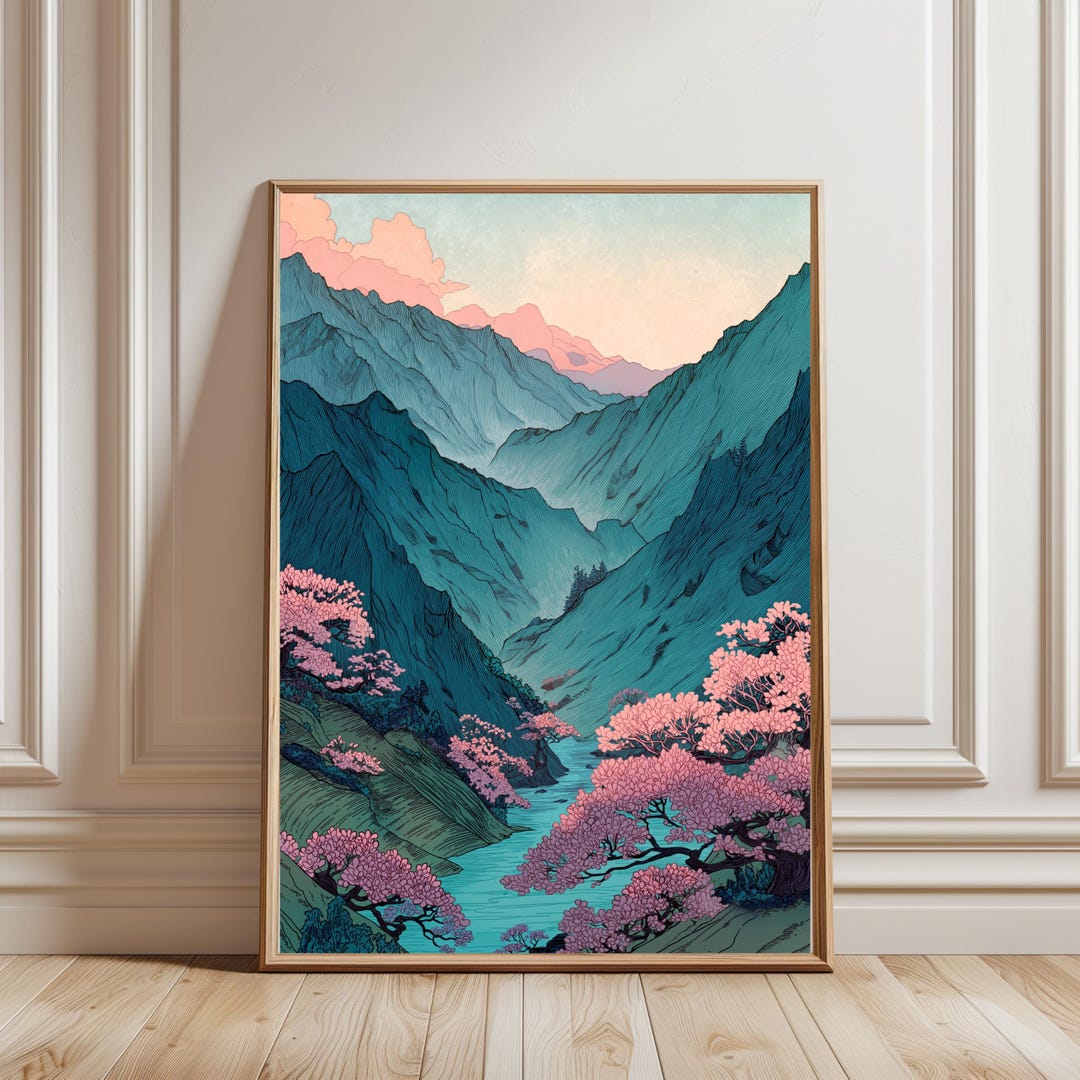 Vintage Japanese Forest Poster, Tranquil Mountain Landscape Wall Art ...