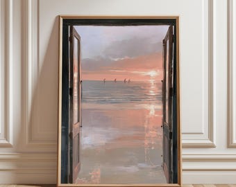Coucher de soleil pastel, vue par la fenêtre ouverte, œuvre minimaliste, art abstrait, impressions roses, décoration scandinave, vue sur la mer, art mural pour le salon.