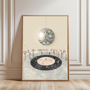 Konsttryck av vinylskivspelare, retro affisch med dansande figurer, tryck av discokula, vinylaffisch, tryck av skivspelare