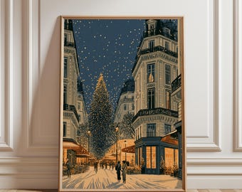 Décoration murale de Noël parisienne, affiche vintage de Noël à Paris, décoration de Noël française, poster d'hiver parisien, art de Noël européen, sapin de Noël
