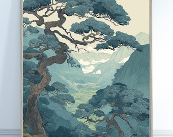 May include: A framed art print featuring a stylized landscape with a valley and mountains. The artwork showcases a serene scene with blue-green trees and mountains, with a light beige sky. The print is in a wooden frame.