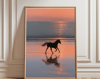 Coucher de soleil pastel, œuvre minimaliste, art abstrait, impressions roses, décoration scandinave, vue sur la mer, décoration murale pour salon, affiche de cheval