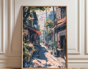 Affiche de rue japonaise, style rétro pastel anime Tokyo, poster vintage Ghibli paysage urbain estival, décoration murale esthétique lo-fi nostalgique