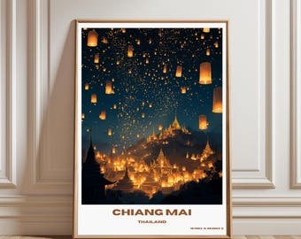 Chiang Mai Lantern Festival Poster, Thailand Travel Wall Art, Asian Night Sky Print, Temple Decor, Wanderlust Gift, Thailand poster