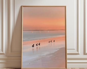 Coucher de soleil pastel, œuvre minimaliste, art abstrait, impressions roses, décoration scandinave, vue sur la mer, décoration murale pour salon, affiche de cheval