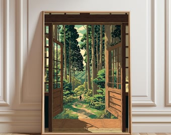 Affiche vintage japonaise représentant une forêt, estampe sur bois, inspirée par Hasui Kawase, style Japandi, art mural botanique, vue par la fenêtre