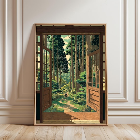 Vintage Japanese Forest Poster, Woodblock Art, Inspired By Road to Nikko by Kawase Hasui, Japandi Decor, Botanical Wall Art, window view