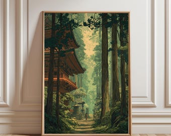 Pôster vintage japonês de floresta, arte em xilogravura, inspirado em "A Estrada para Nikko" de Kawase Hasui, decoração japonesa (Japandi), arte botânica para parede.