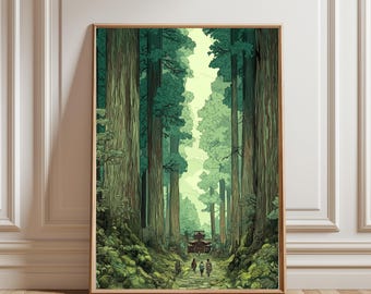 Vintage Japanese Forest Poster, Woodblock Art, Inspired by Hasui Kawase, Japandi Decor, Botanical Wall Art