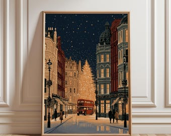 Affiche de Noël, Décoration murale de Noël, Décoration festive, Art d'hiver, Affiche d'hiver, Noël à Londres, Art de la neige, Art du sapin de Noël, Bus rouge