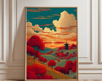 Vintage Japanese Forest Poster, Tranquil Mountain Landscape Wall Art, Retro Nature Print, Minimalist Tree Scene, Serene Home Decor