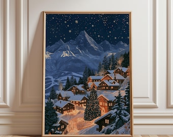 Póster navideño, arte mural navideño, decoración festiva, arte invernal, póster invernal, póster de montaña, arte de nieve, arte de árbol de Navidad, arte navideño