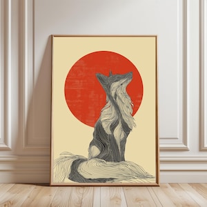 Varg japansk konsttryck, vilda djur illustration i Edo-stil, naturposter, japansk linjekonst, soltryck, varg som stryker, vild vargkonst