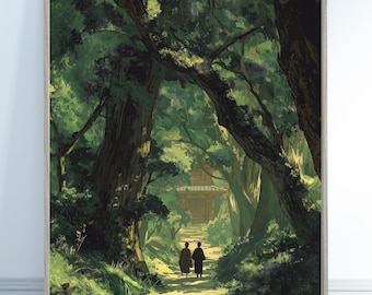 May include: A framed art print showing a forest scene with two figures walking along a path. The artwork features a traditional Japanese building in the distance, lush green foliage, and a muted colour palette, creating a tranquil atmosphere.