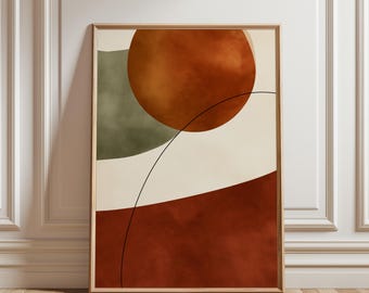 Affiche abstraite géométrique, motif abstrait terracotta et vert - Décoration terracotta, art mural chaleureux, décoration murale pour salon, affiche murale minimaliste