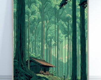 May include: A framed art print depicting a forest scene with a small wooden cabin. The artwork uses a palette of greens and browns to create a tranquil, natural aesthetic. The cabin is nestled amongst tall trees, evoking a sense of peace and solitude.