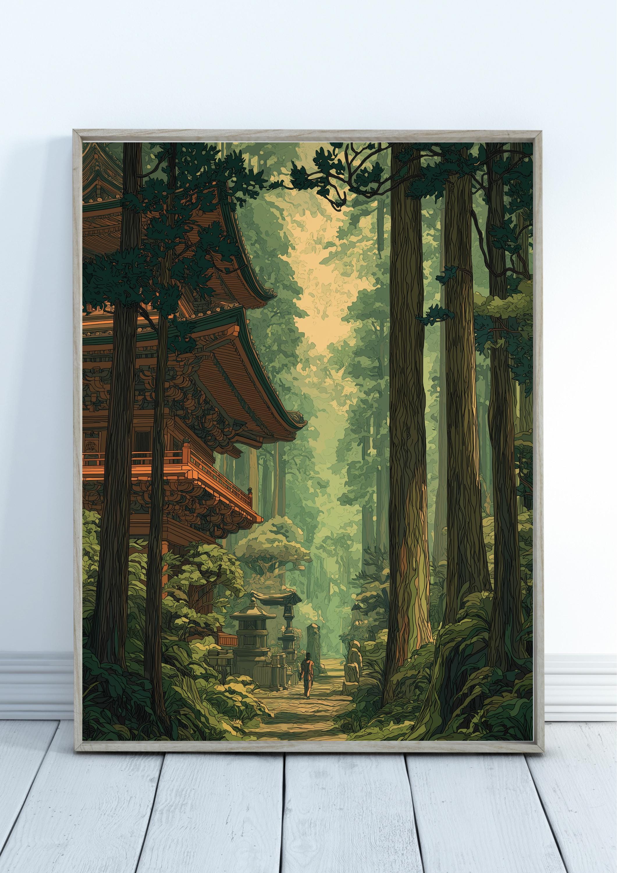 Vintage Japanese Forest Poster, Woodblock Art, Inspired by Road to