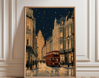 Weihnachtsposter, Weihnachtswandbilder, Festliche Dekoration, Winterkunst, Winterposter, Weihnachten in London, Schneekunst, Weihnachtsbaumkunst, Roter Bus
