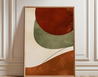 Affiche abstraite géométrique, motif abstrait terracotta et vert - Décoration terracotta, art mural chaleureux, décoration murale pour salon, affiche murale minimaliste