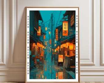 Ilustración japonesa de una casa de té en Tokio, estilo anime, escena de café callejero en la ciudad, póster decorativo moderno Ukiyo-e, póster de viaje.