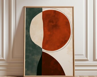 Affiche abstraite géométrique, motif abstrait terracotta et vert - Décoration terracotta, art mural chaleureux, décoration murale pour salon, affiche murale minimaliste