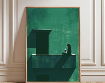 Affiche japonaise verte à motif de café, style rétro pastel, style anime, pour balcon. Affiche vintage Ghibli sur la nature et l'été. Décoration murale esthétique lo-fi nostalgique.