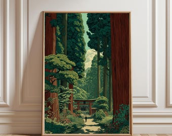 Pôster vintage japonês de floresta, arte em xilogravura, inspirado em "A Estrada para Nikko" de Kawase Hasui, decoração japonesa (Japandi), arte botânica para parede.