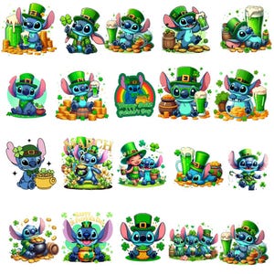 May include: A collection of cartoon Stitch character images celebrating St. Patrick's Day. Each image features Stitch wearing a green leprechaun hat and surrounded by shamrocks, gold coins, and green beer. Some images include text that says "Happy Saint Patrick's Day".