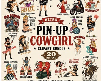 Retro Pin Up Cowgirl Clipart Bundle, Western Rodeo Digital Download PNG