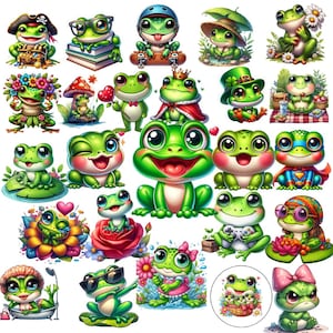 Puede incluir: Una colección de ilustraciones de ranas de dibujos animados en varias poses y atuendos. Algunas ranas llevan sombreros de pirata, gafas, coronas y capas de superhéroe. Otras sostienen corazones, flores y monopatines. Las ranas son de color verde brillante con detalles.