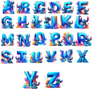 Op de afbeelding: Een complete alfabetset van A tot Z. Elke letter is helderblauw met een 3D-effect, omringd door kleurrijke, wervelende rook en een stripfiguur. Geschikt voor diverse creatieve projecten.