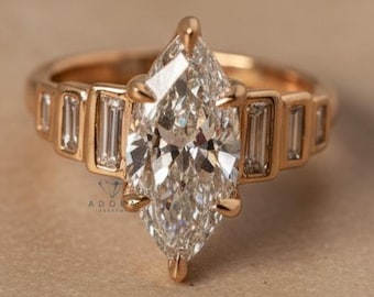 3.00 Carat Marquise Lab Grown Diamond Engagement Ring | 14K Gold Art Deco Flush Set Baguette Band