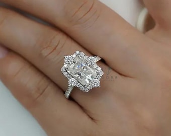 Vintage Diamond Engagement Ring Real IGI Certified Lab Grown Diamond Rings for Women 3ct Radiant Cut Halo Diamond Ring with Bridge Accent