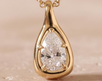 2CT Lab Grown Diamond Pear Pendant, 14k Gold Bezel Solitaire (Pendant Only)