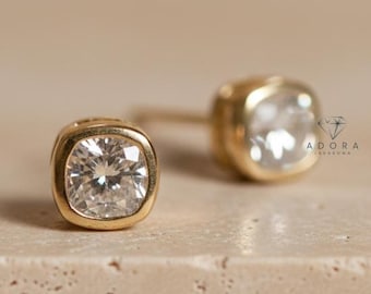 Cushion Cut Diamond Studs / 14k Gold Diamond Bezel Set Stud Earrings / 1 ct Solitaire Diamond Studs / Classic Solitaire Studs