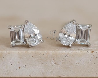 14k Gold Toi Et Moi Lab Grown Diamond Stud Earrings: Pear & Emerald Cut