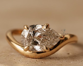 1.50 Carat Pear Cut Lab Grown Diamond Curved Ring, CVD Diamond Solitaire Ring For Wedding Gift, 14K Yellow Gold Anniversary Ring For Her
