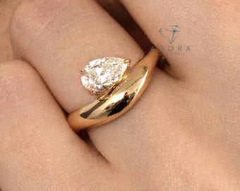 Pear Cut Lab Grown Diamond Curved Proposal Ring,2.00Ct Pear Cut Solitaire Wedding Ring,Engagement Ring For Women,Valentine Gift Ring For Her