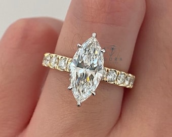 3.50 Carat Marquise Lab Grown Diamond Engagement Ring Yellow Gold Pave Band Hidden Halo Elongated Vintage Style Solitaire