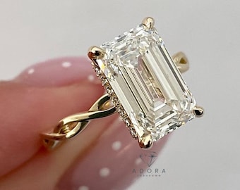 3.5 CT Emerald Cut Lab Grown Engagement Ring 14K/18K Solid Gold, Hidden Halo Ring, Twisted Band Bridal Ring, Anniversary Ring Gift for Wife