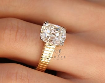 Cushion Cut Lab Grown Diamond Ring 3 CT, Ribbed Gold Band Engagement Ring, Modern Textured Solitaire Ring, Unique Proposal Ring