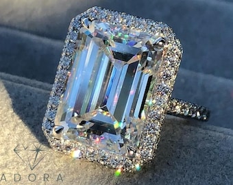 7.00 CT Emerald Cut Halo Engagement Ring, 14k Yellow Gold Lab Grown Ring, Perfect Anniversary Gift