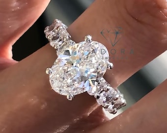 3.00 Ct Oval Cut Lab Grown Diamond Hidden Halo Engagement Ring, 18K Gold Pave band Ring | IGI Certified | Luxury Oval Diamond Ring for Her