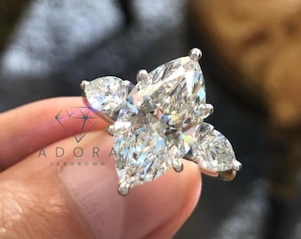 Real Lab Grown Diamond Three Stone Engagement Ring - IGI Certified 2.50 CT Marquise Cut and Side Stone Pear Cut Diamonds - 10K/14K/18K Gold