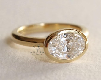 2CT Oval Lab Grown Diamond Engagement Ring East West Diamond Bezel set Solitaire Ring Handmade Fine Jewelry Anniversary Gift for her