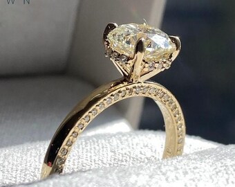 2.00 Carat Round Lab Grown Diamond Engagement Ring IGI Certified Hidden Halo Pavé Band 14K Yellow Gold Solitaire Bridal Ring