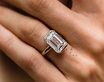 14k Yellow Gold Solitaire Ring, 3 CT Emerald Cut Lab Grown Half Bezel Set Engagement Ring