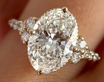 Oval Cut Lab Grown Diamond Ring 3.50 CT, Pave Band Engagement Ring, Cluster Side Stones Gold Ring, Hidden Halo Bridal Jewelry Gift
